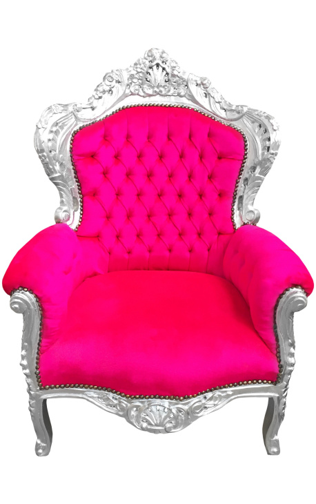 Grande poltrona in stile barocco velluto fucsia e legno argento