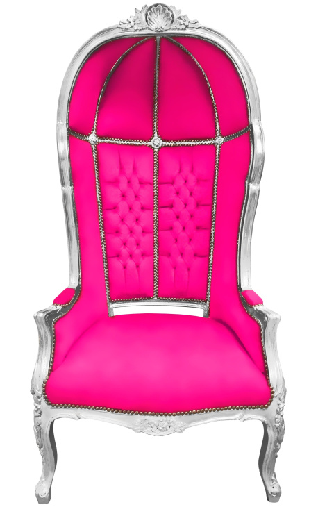 Grand fauteuil carrosse de style baroque tissu velours fuchsia et bois argent