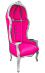 Grand fauteuil carrosse de style baroque tissu velours fuchsia et bois argent