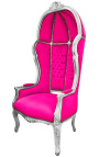 Grand fauteuil carrosse de style baroque tissu velours fuchsia et bois argent