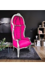 Grand fauteuil carrosse de style baroque tissu velours fuchsia et bois argent