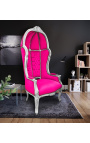 Grand porter's Baroque style chair fuchsia velvet and silver wood