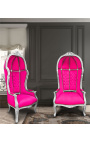 Grand fauteuil carrosse de style baroque tissu velours fuchsia et bois argent