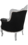 Fauteuil "princier" de style Baroque velours noir et bois argent