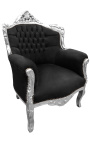 Fauteuil "princier" de style Baroque velours noir et bois argent