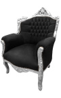 Fauteuil "princier" de style Baroque velours noir et bois argent