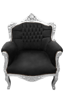 Cadeira de braço "príncipe" estilo barroco veludo preto e madeira de prata