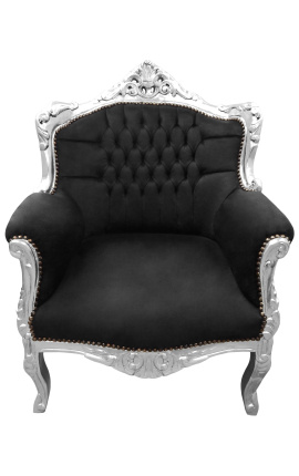 Sillón "principesco" de estilo barroco en terciopelo negro y madera plata