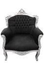 Sillón príncipe barroco terciopelo negro y madera de plata