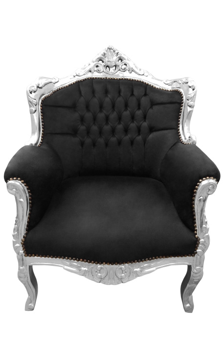 Fauteuil "princier" de style Baroque velours noir et bois argent