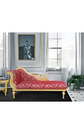 Gran chaise barroco longue con tela de Gobelins rojo cisne y madera de oro