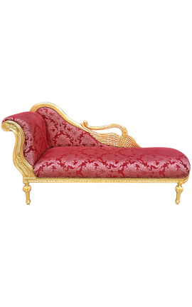 Chaise longue grande collar de cisne barroco "Gobelins" tela de raso rojo, madera dorada