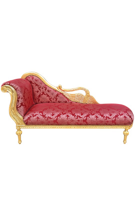 Grande chaise longue barocca con tessuto rosso del cigno e legno dorato