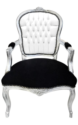 Barocker Sessel im Louis XV-Stil, weißes Kunstleder, schwarzer Samt und silbernes Holz