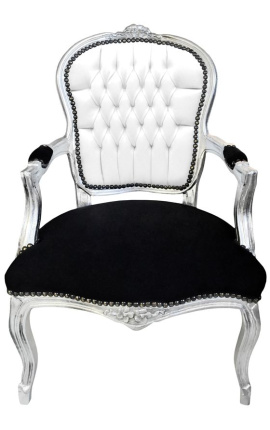 Sillón Luis XV de estilo barroco con cuero y terciopelo blanco y negro y madera plata