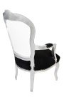 Barocker Sessel aus weißem Kunstleder, schwarzem Samt und silbernem Holz im Louis-XV-Stil