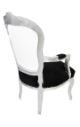 Sillón barroco de estilo Luis XV piel blanca elegante, terciopelo negro y madera de plata