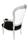 Barocker Sessel aus weißem Kunstleder, schwarzem Samt und silbernem Holz im Louis-XV-Stil