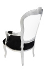 Sillón barroco de estilo Luis XV piel blanca elegante, terciopelo negro y madera de plata