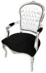 Μπαρόκ πολυθρόνα από λευκό ψεύτικο δέρμα στυλ Louis XV, μαύρο βελούδο και ασημί ξύλο