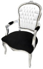 Sillón barroco de estilo Luis XV piel blanca elegante, terciopelo negro y madera de plata