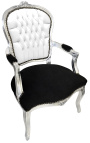 Baroque armchair of Louis XV style white faux leather , black velvet and silver wood