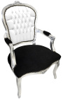 Sillón barroco de estilo Luis XV piel blanca elegante, terciopelo negro y madera de plata