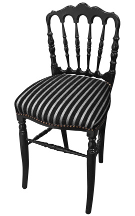 Napoleon III -tyylinen tuoli raidallinen kangas ja kiiltävä musta puu
