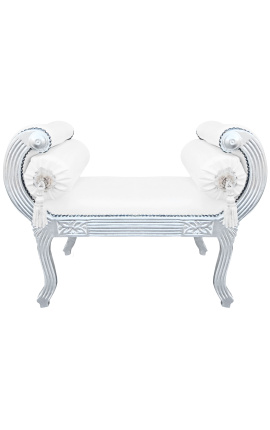 Banqueta Romana de cuero blanco y madera de plata