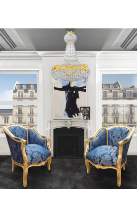 Grande bergère de style Louis XV satiné bleu aux motifs &quot;Gobelins&quot; et bois doré