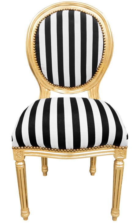 Silla de estilo Luis XVI con rayas blancas y negras y madera dorada