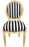 Silla de estilo Luis XVI con rayas blancas y negras y madera dorada