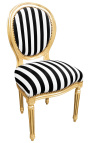 Cadeira estilo Luís XVI em tecido listrado preto e branco e madeira dourada