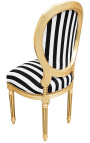 Cadira d'estil Lluís XVI en teixit de ratlles blanques i negres i fusta daurada