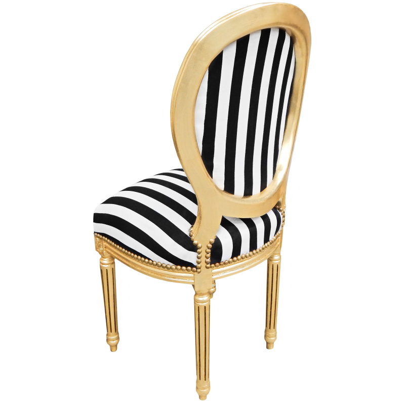 Louis XVI style chair with black and white stripes and gilded wood