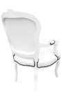 Armchair Louis XV style false white skin leather and white lacquered wood 