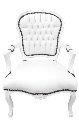Armchair Louis XV style false white skin leather and white lacquered wood