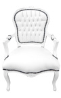 Armchair Louis XV style false white skin leather and white lacquered wood 