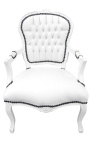 Sillón Louis XV estilo falso piel blanca cuero y madera lacada blanca