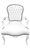 Armchair Louis XV style false white skin leather and white lacquered wood 