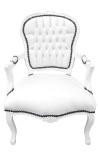 Atzveltnes krēsls Louis XV stilā mākslīgi balta āda un balts lakots koks 