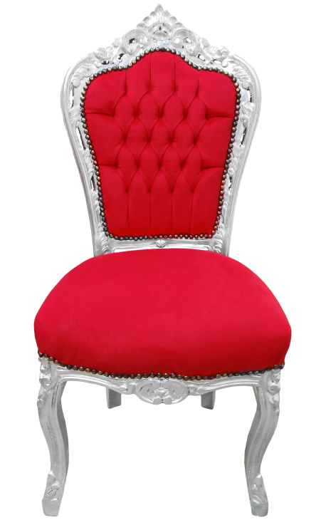 Chaise de style Baroque Rococo tissu velours rouge et bois argenté