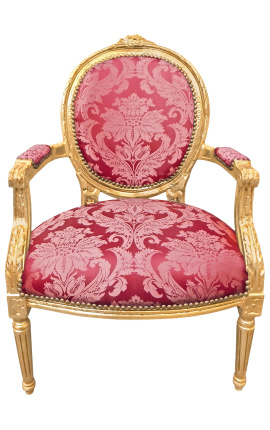 Baroque armchair of Louis XVI style red satine fabric "Gobelins" pattern and gilded wood