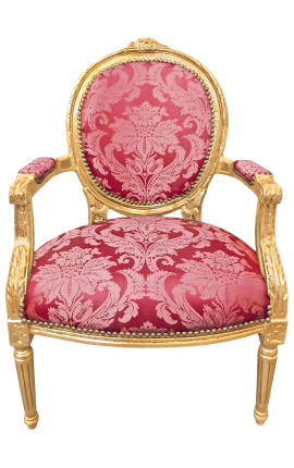 Sillón barroco de tela satine de estilo Luis XVI Gobelins patrón y madera dorada