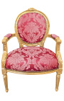 Barok-tugitool Louis XVI Style Red Satine Fabric "Gobelins" muster ja kullatud puit - 1