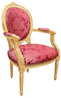 Baroque armchair of Louis XVI style with burgundy fabric and "Gobelins" pattern and gilded wood