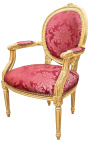 Barok lænestol af Louis XVI stil med burgundy stof og "Gobelins" mønster og forgyldt træ