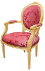 Barok lænestol af Louis XVI Style Red Satine Fabric "Gobelins" mønster og forgyldt træ - 15