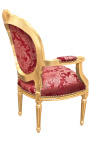 Baroque armchair of Louis XVI style with burgundy fabric and "Gobelins" pattern and gilded wood