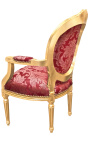 Fauteuil Louis XVI de style baroque tissu satiné rouge aux motifs "Gobelins" et bois doré
